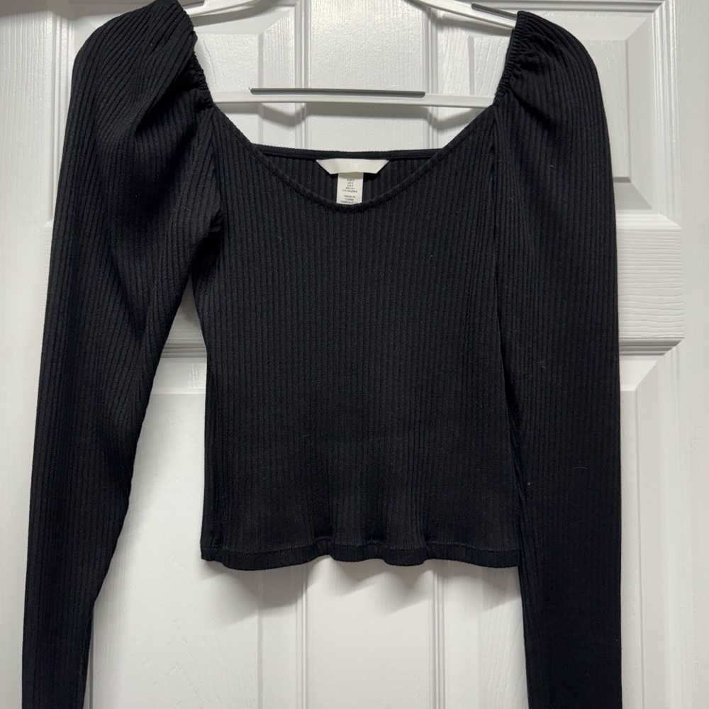 H&M Black Ribbed Long-Sleeve Square Neck Top, Size: S